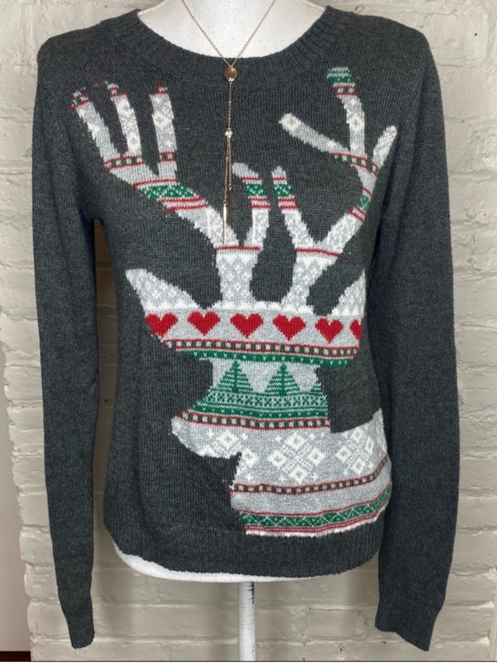 Shrinking Violet Charcoal Reindeer Intarsia Crewneck Sweater